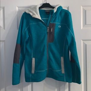 Turquoise fleece hooded jacket.